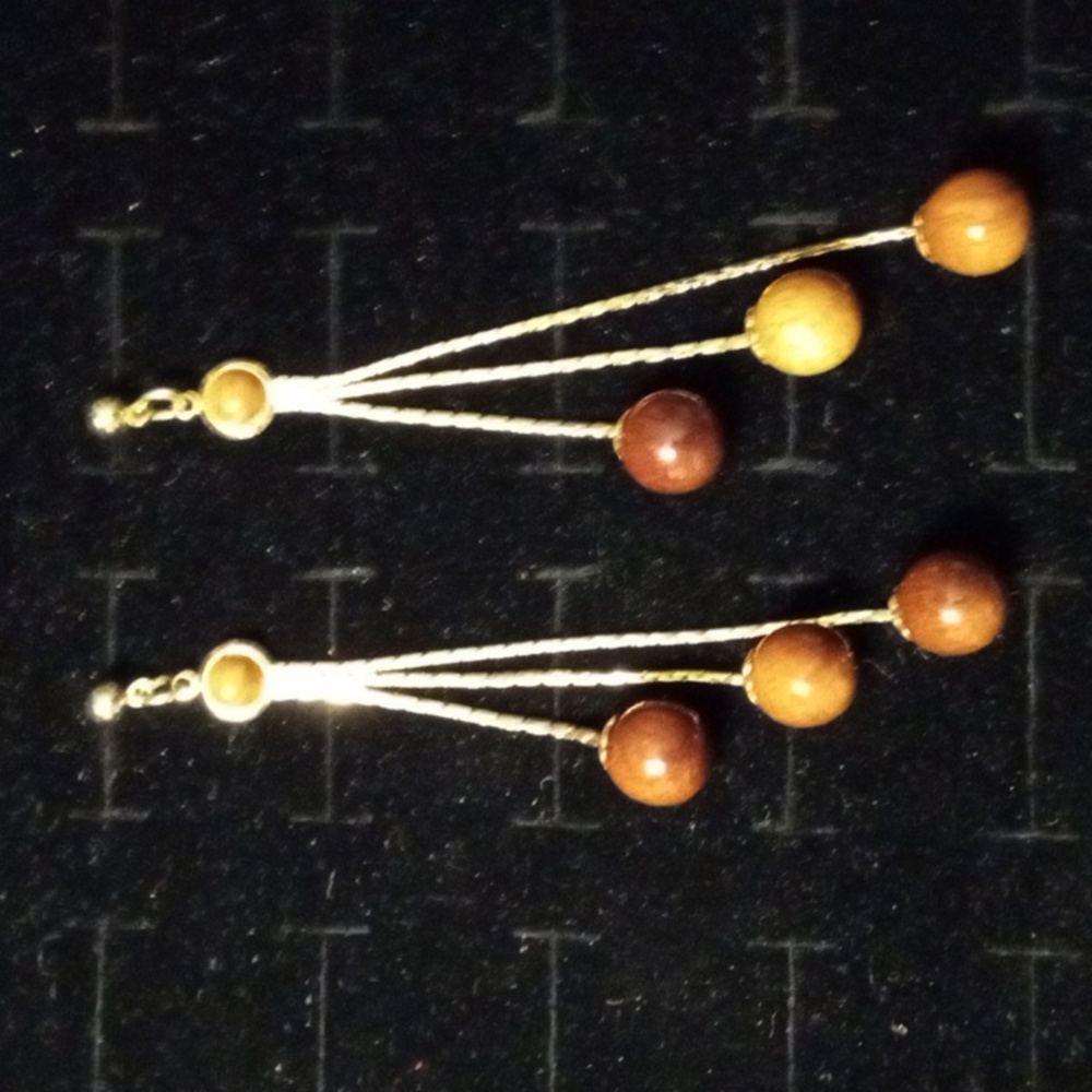 Gold Wooden Bead Dangle Earrings
